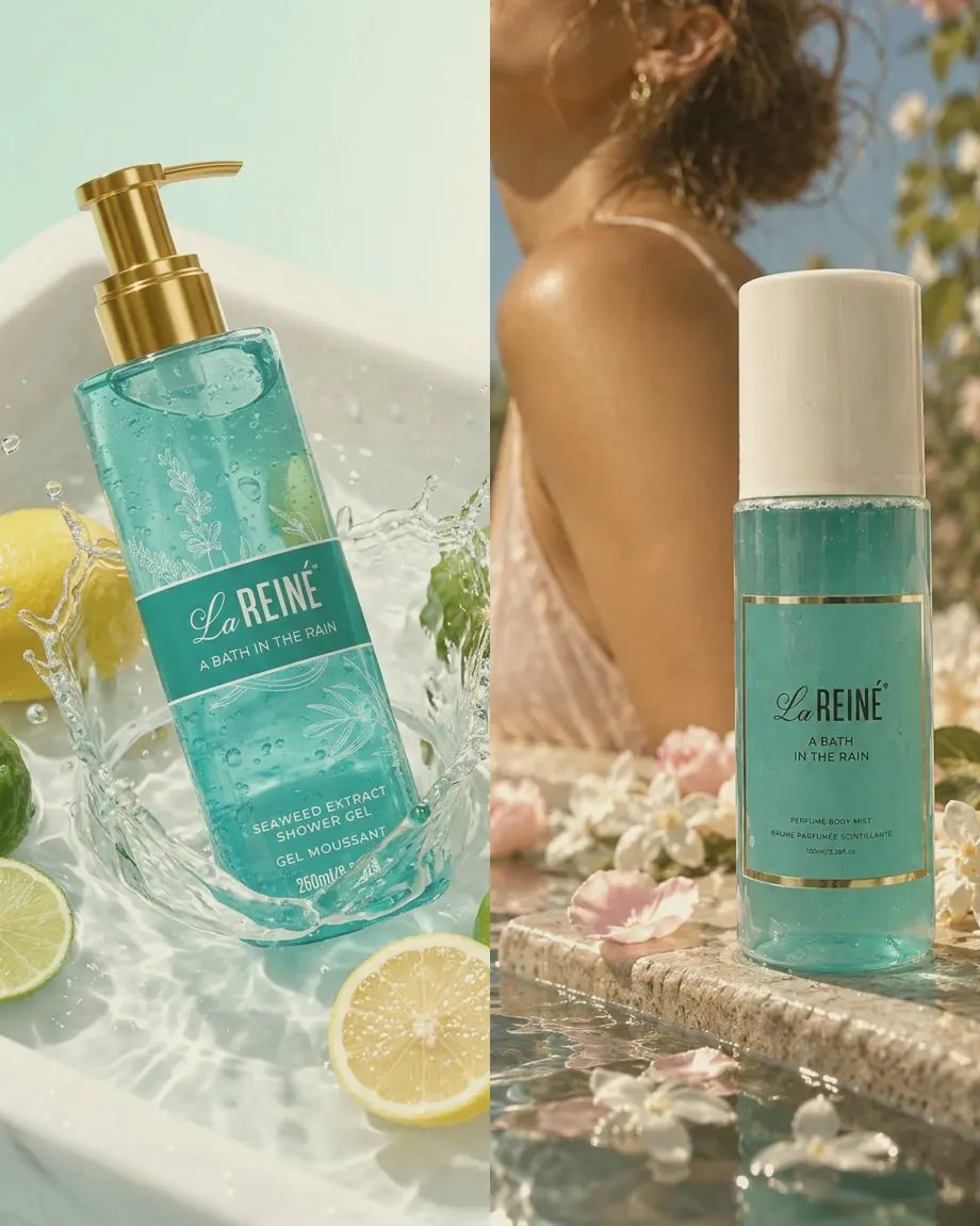 The A Bath in the Rain shower gel beside the A Bath in the Rain shimmer mist