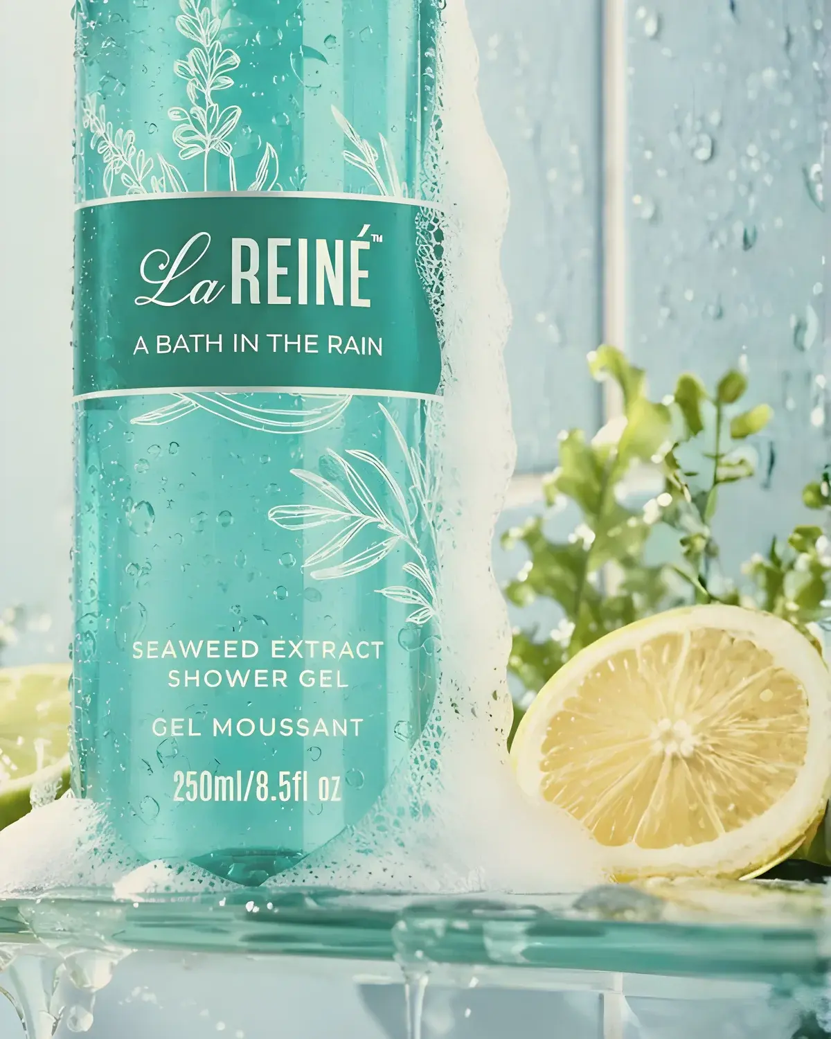 Close view of the A Bath in the Rain label, seaweed extract shower gel, with foam and lemon