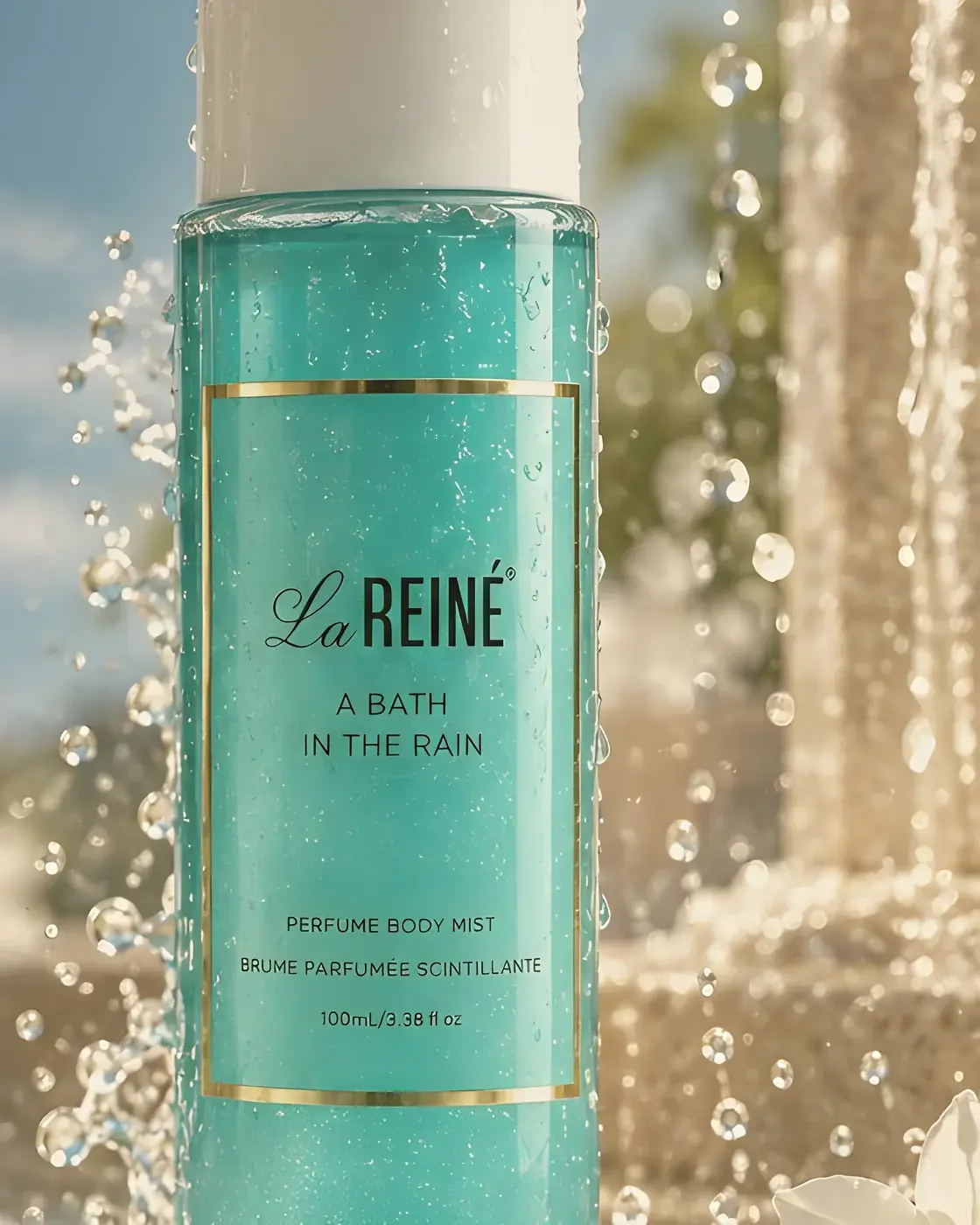 The A Bath in the Rain shimmer mist in falling water beside a stone fountain