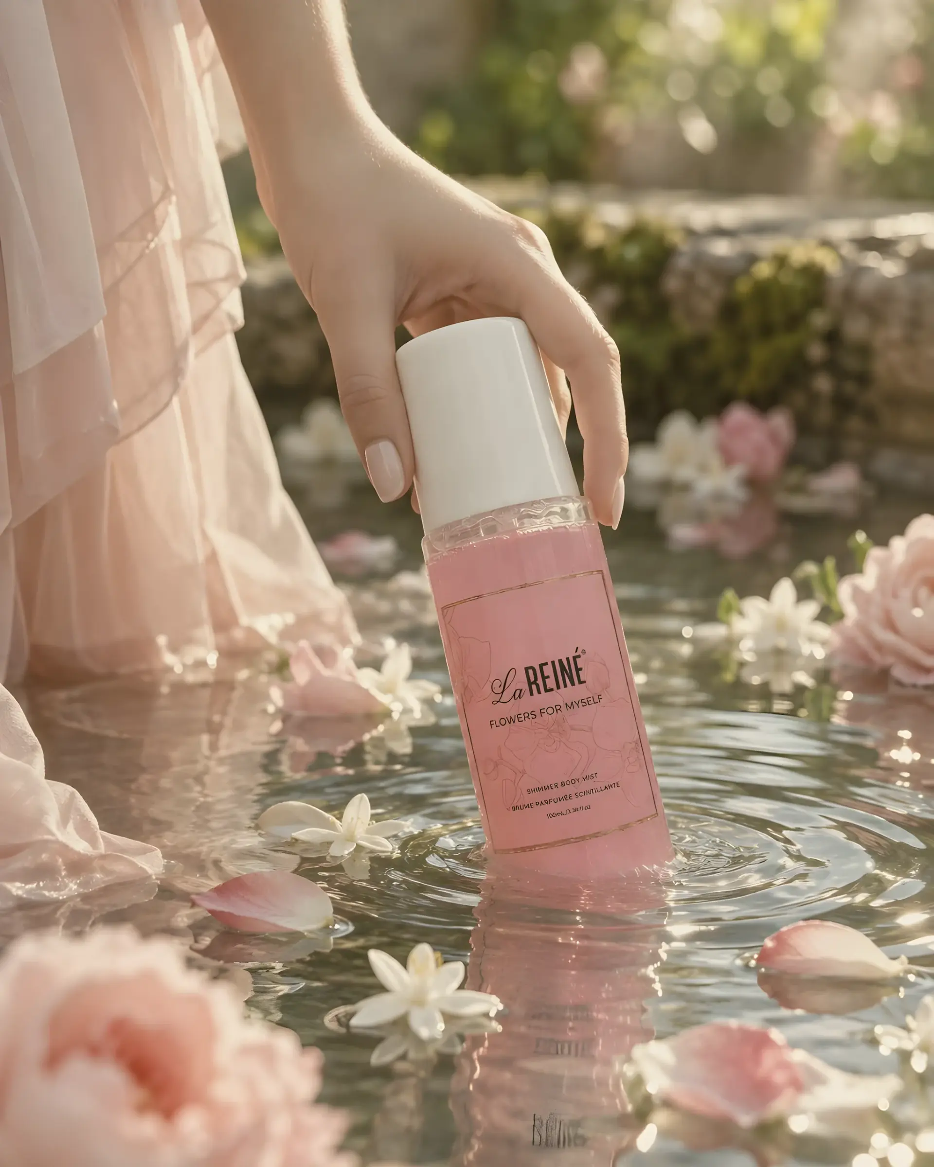 A hand sets the Flowers for Myself shimmer mist into a shallow pool scattered with petals